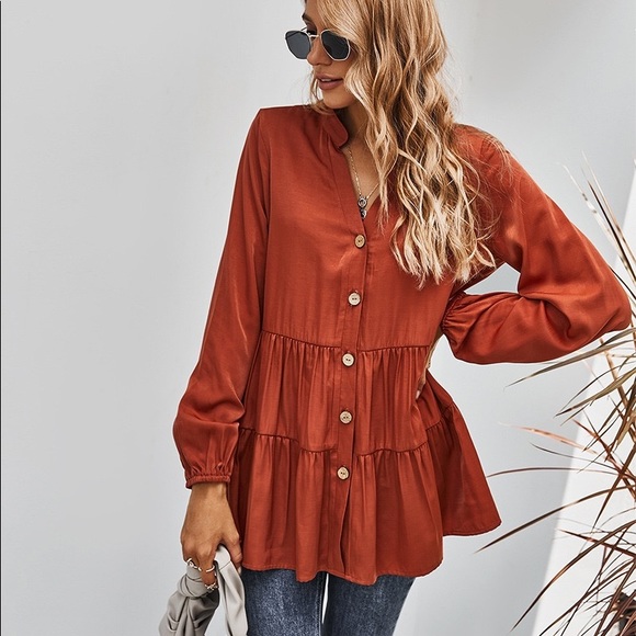 🍁🆕Button Down V Neck Long Sleeve Top Rust - Picture 5 of 7